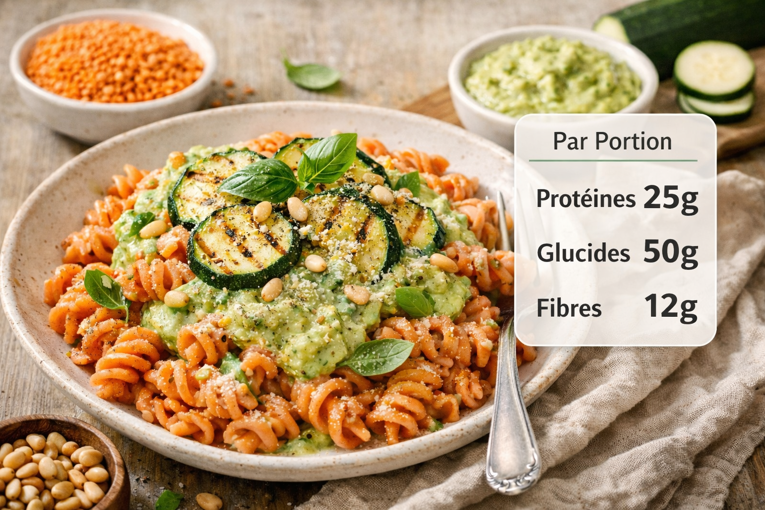 Pâtes de lentilles corail à la crème de courgette garnies de graines de chanvre